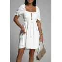 Simple Women's Dress Solid Sashes Detail Short Sleeve Square Neck Mini A-line Dress