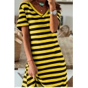 Elegant Women's Dress Striped Pattern Slit Hem V Neck Short Sleeve Midi Dress