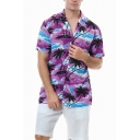 Guys Fashionable Shirt Tropical Print Notched Collar Short Sleeves Button Down Shirt