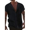 Guy's Simple Shirt Plain Chest Pocket Short-Sleeved Round Collar Relaxed Button Fly Shirt