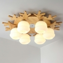 Antlers Wooden Ceiling Light White Glass Ceiling Fixture for Living Room