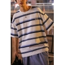Stylish T-shirt Striped Pattern Crew Collar Half Sleeve Relaxed Soft Tee Shirt for Men