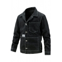 Urban Jacket Pure Color Notched Collar Pocket Long Sleeves Button Fly Denim Jacket for Men