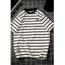 Guy's Creative Tee Shirt Striped Print Short Sleeves Round Collar Relaxed T-Shirt