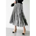 Trendy Womens Skirts Pure Color Midi Sparkly Shiny Elastic High Waist Pleated Skirts