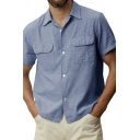 Fancy Mens Shirt Pure Color Spread Collar Chest Pocket Short Sleeve Regular Button-up Shirt