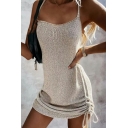 Women Edgy Dress Pure Color Ruched Halter Sleeveless Backless Mini Knit Dress