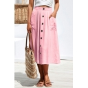 Edgy Skirt Plain Elastic Waist Front Pocket Button Design A-Line Midi Skirt for Women