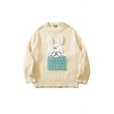 Boyish Sweater Rabbit Print Round Neck Front Pocket Ribbed Trim Sweater for Men