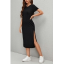 Fashionable Dress Solid Color Slit Short Sleeve Crew Collar Midi Tee Shirt Dress for Women