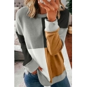Chic Ladies Sweatshirt Contrast Color Crew Neck Long-Sleeved Fitted Pullover Sweatshirt