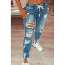 Fashion Girls Jeans Solid Color Broken Hole Ankle Length Mid Rise Drawstring Jeans