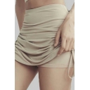 Summer Style Women Skirt Solid Ruched Ribbons High Elastic Waist Mini Skirt