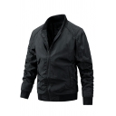 Cool Guys Jacket Solid Color Pocket Stand Collar Slimming Zip Down Bomber Jacket