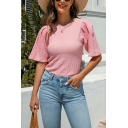 Popular Women T-shirt Solid Sashes Detail Slim Short-sleeved Crew Neck Tee Top