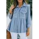 Women Street Style Denim Jacket Plain Flap Pocket Pleated Button up Denim Jacket