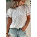 Flirty Women Tee Top Floral Printed Round Collar Ruffle Short-Sleeve T-Shirt