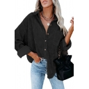 Edgy Shirt Pure Color Spread Collar Loose Pocket Long Sleeves Button Down Shirt for Women