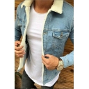 Edgy Men Jacket Pure Color Pocket Spread Collar Brushed Slim Fit Button Up Denim Jacket
