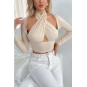 Dashing T-Shirt Solid Color Halter Neck Long Sleeve T-Shirt for Women