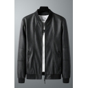 Elegant Guy's Jacket Whole Colored Pocket Stand Collar Fitted Zip Down Leather Jacket