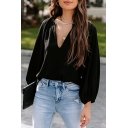Elegant Ladies Shirt Whole Colored Pleated Detail V-Neck Long Puff Sleeve Blouses
