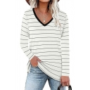 Urban Ladies Tee Top Stripe Printed Long-Sleeved V Neck Regular Fitted Tee Shirt