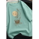 Fancy Tee Top Sail Pattern Round Collar Short Sleeves Oversized Tee Shirt for Boys