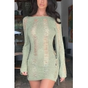 Casual Women Dresses Solid Color Hollow Out Crew Collar Long Sleeve Mini Dresses