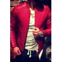 Men Simple Leather Jacket Plain Stand Collar Full Zipper Leather Jacket