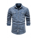 Men Street Style Shirt Pure Color Turn-down Collar Pocket Long Sleeves Button Denim Shirt