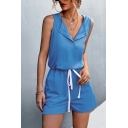 Fashion Ladies Rompers Pure Color Round Collar Sleeveless Drawstring Short Length Rompers