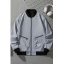 Mens Trendy Jacket Contrast Trim Pocket Stand Collar Baggy Zip Down Baseball Jacket