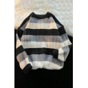 Men Edgy Sweater Striped Pattern Round Neck Ribbed Trim Sweater