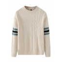 Casual Sweater Stripe Patterned Round Neck Ribbed Trim Sweater for Men