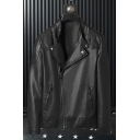 Men Cool Leather Jacket Solid Color Full Zipper Leather Jacket