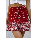 Unique Skirt Floral Printed Button down Ruffle A-Line Mini Skirt for Women