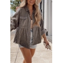 Women Vintage Casual Jacket Plain Spread Collar Pleated Button down Casual Jacket