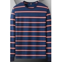 Athletic Tee Top Striped Pattern Crew Collar Long-sleeved Relaxed Tee Shirt for Men