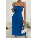 Street Look Dress Plain Spaghetti Straps Midi Length Ribbons Skinny Slip Dress for Women