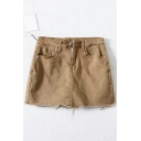 Fascinating Women Skirt Solid Color Pocket Button Fly Mini Denim A-Line Skirt