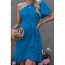 Elegant Women Dress Pure Color Ruffles One Shoulder Short Sleeve Regular Mini Dress