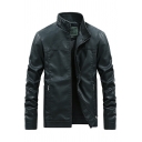 Men Sporty Leather Jacket Solid Color Stand Collar Full Zip Leather Jacket