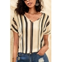 Elegant Ladies T-shirt Stripe Printed Short-sleeved V Neck Regular Tee Top