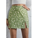 Boyish Skirt Floral Print Elasticated High Waist Slit Detail Skirt for Ladies
