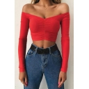 Ladies Simple Tee Shirt Solid Color Ruched Long-Sleeved off The Shoulder Cropped T-shirt