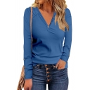 Urban Ladies Tee Top Solid Color Long-Sleeved V-neck Button Designed Tee Shirt