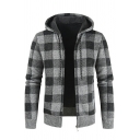 Popular Cardigan Checked Pattern Hooded Brushed Full Zipper Ribbed Trim Cardigan for Men