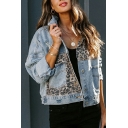 Street Look Girls Jacket Leopard Print Spread Collar Pocket Fit Button-up Denim Jacket