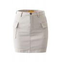 Fascinating Women Skirt Solid Color Flap Pocket Button Placket Mini Denim Pencil Skirt